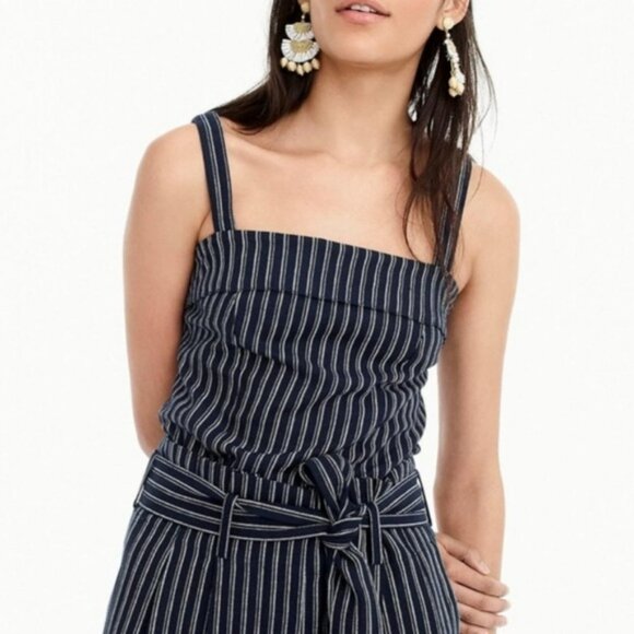 J.crew Point Sur Freddie Linen Turnover Navy Blue & White Striped Bow Tie Top 00 - Picture 1 of 13